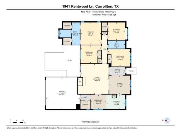 Floor plan of 1941 Kentwood Ln, Carrollton, TX showing 1,920 sq ft of finished space. Includes 4 bedrooms, 2 full baths, living room with fireplace, dining room, breakfast area, kitchen, laundry, mudroom, foyer, patio, and 2-car garage.
