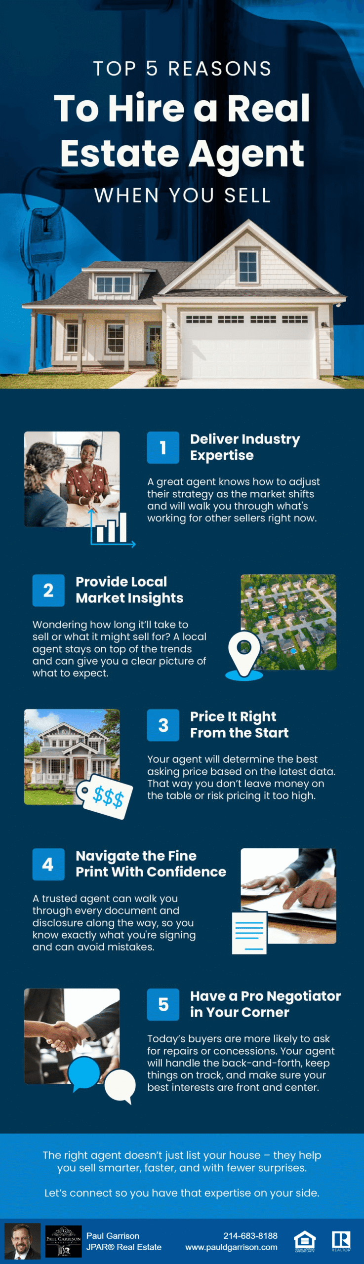 Infographic listing the top 5 reasons to hire a real estate agent when selling your home: 1) Deliver industry expertise, 2) Provide local market insights, 3) Price it right from the start, 4) Navigate the fine print with confidence, and 5) Have a pro negotiator in your corner. Includes branding for Paul Garrison, JPAR® Real Estate, with contact info and website.