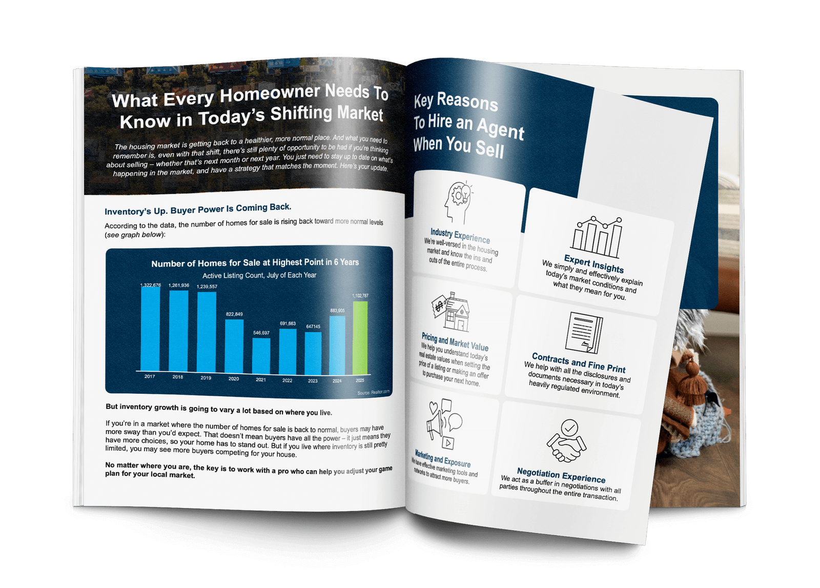 Fall 2025 real estate selling guide open to pages discussing shifting housing market trends and reasons to hire a real estate agent. Includes bar graph showing home inventory growth and highlights expert insights, pricing strategies, marketing, contracts, and negotiation experience tips for selling a house.