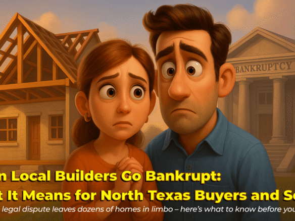 Pixar-style illustration showing a worried couple standing in front of a partially built house and a courthouse labeled “Bankruptcy.” The image represents concerns about local homebuilders filing for bankruptcy and its impact on buyers and sellers in North Texas. The text overlay reads: “When Local Builders Go Bankrupt: What It Means for North Texas Buyers and Sellers” with a subheading about legal disputes leaving homes in limbo.