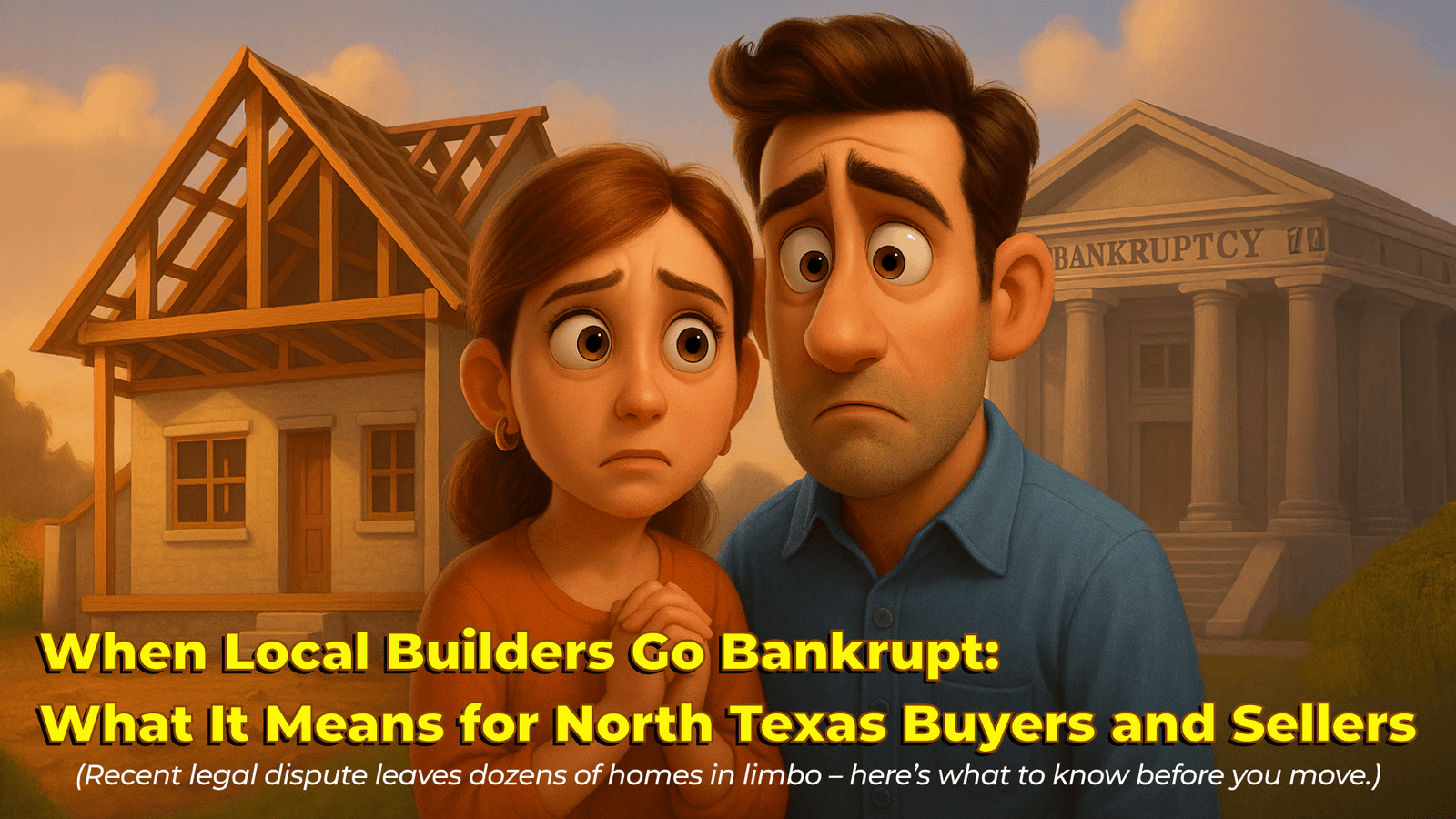Pixar-style illustration showing a worried couple standing in front of a partially built house and a courthouse labeled “Bankruptcy.” The image represents concerns about local homebuilders filing for bankruptcy and its impact on buyers and sellers in North Texas. The text overlay reads: “When Local Builders Go Bankrupt: What It Means for North Texas Buyers and Sellers” with a subheading about legal disputes leaving homes in limbo.