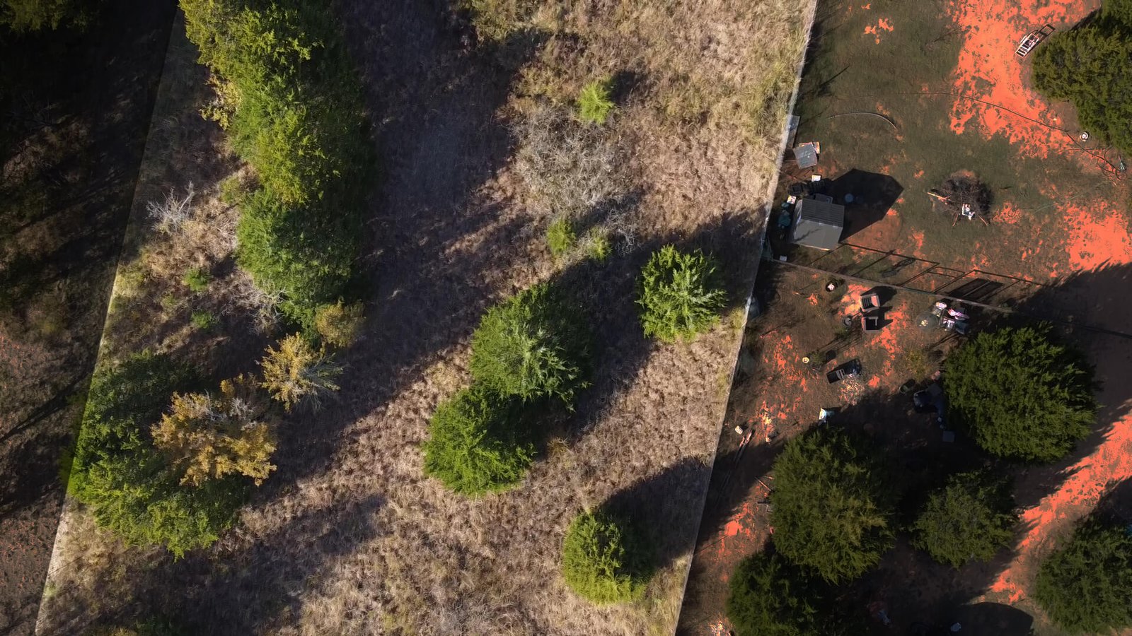 Shaded aerial view of a small cluster of trees following a cleared section on a 1-acre residential lot near Lake Texoma in Gordonville TX.
