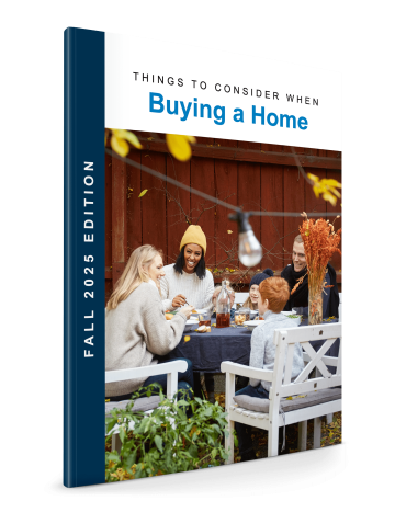 Fall 2025 Home Buying Guide cover titled Things to Consider When Buying a Home. The cover features a cozy outdoor autumn scene with friends and family gathered around a table enjoying a meal, surrounded by fall foliage. The guide is designed to help homebuyers navigate the real estate process, offering expert tips and insights for purchasing a home in the current market.
