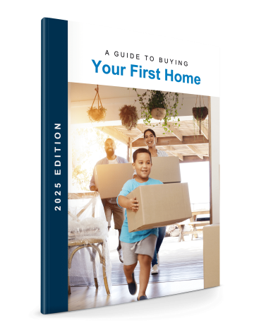 2025 guidebook titled 'A Guide to Buying Your First Home' featuring a happy family moving into their new house. The cover shows a young boy carrying a moving box, followed by his smiling parents, symbolizing the excitement of first-time homeownership. Perfect resource for first-time homebuyers seeking tips and guidance for purchasing their first home.