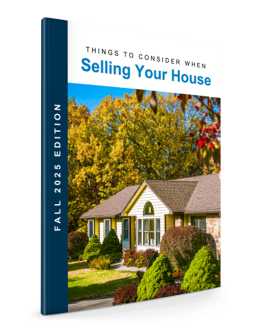 Fall 2025 home selling guide cover showing a beautiful single-story house surrounded by vibrant fall foliage, designed to help homeowners prepare for selling their home. Title reads 'Things to Consider When Selling Your House, Fall 2025 Edition.